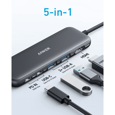 USB-Хаб ANKER 332 USB-C Hub 5-in-1, PD in 100W, 4K HDMI, 2xUSB-A, USB-C 5Gbps