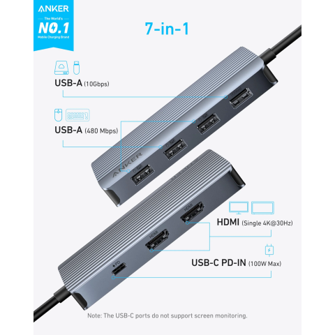 USB-C хаб Anker 7-in-1 з 2×HDMI, 4×USB-A та PD 100W