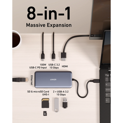 USB-C хаб Anker PowerExpand 8-in-1 з HDMI 4K, LAN, PD 100W та USB 10Gbps (Чорний)