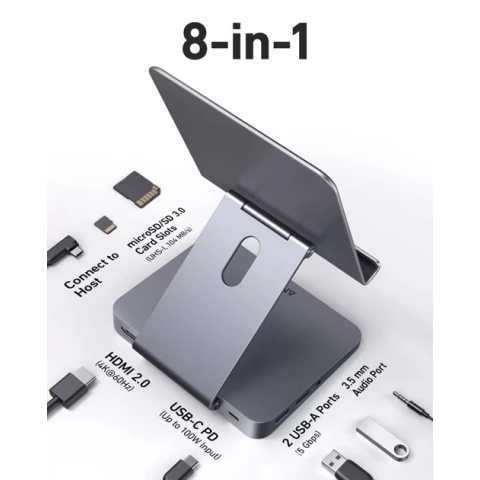 Підставка-адаптер ANKER 551 USB-C Hub 8-в-1 для планшета (4K HDMI, PD, SD/microSD, AUX, Grey)