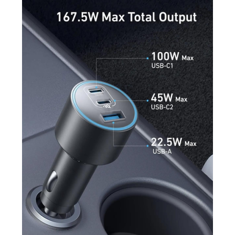 Автомобільний зарядний пристрій Anker PowerDrive Elite 3-Port USB-C Fast Charger 167.5W Black