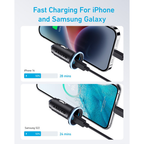 Автомобільний зарядний пристрій Anker 323 PowerDrive 52.5W, 1×USB-C + 1×USB-A, PIQ 3.0 (Black)