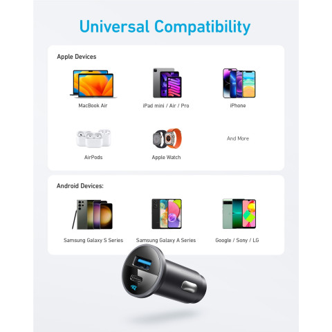 Автомобільний зарядний пристрій Anker 323 PowerDrive 52.5W, 1×USB-C + 1×USB-A, PIQ 3.0 (Black)
