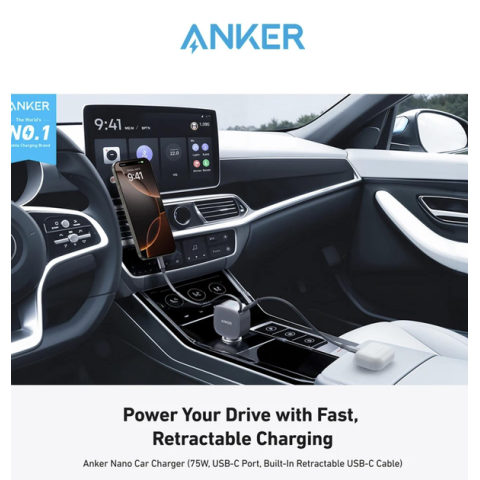 Автомобільний зарядний пристрій Anker Nano Car Charger 75W з висувним кабелем USB-C, подвійний PD заряд, сірий