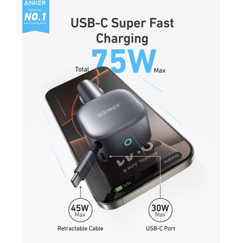 Автомобільний зарядний пристрій Anker Nano Car Charger 75W з висувним кабелем USB-C, подвійний PD заряд, сірий