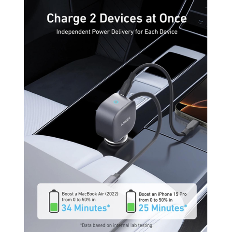 Автомобільний зарядний пристрій Anker Nano Car Charger 75W з висувним кабелем USB-C, подвійний PD заряд, сірий