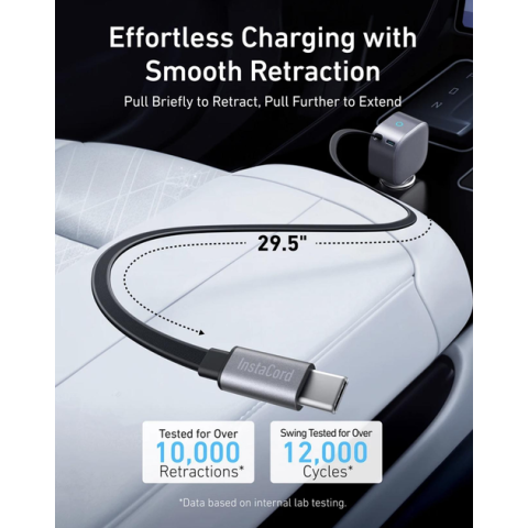 Автомобільний зарядний пристрій Anker Nano Car Charger 75W з висувним кабелем USB-C, подвійний PD заряд, сірий