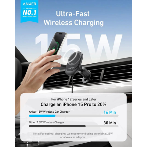 Магнітний автотримач із бездротовою зарядкою Anker MagSafe Wireless Car Charger MagGo 15W Qi2 Charger, 360° Adjustable