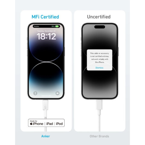 Кабель ANKER 322 USB-C to Lightning Cable MFi 0.9m / 1.8m Nylon (Fast Charging, PD, White)