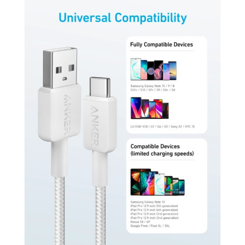 Кабель ANKER 322 USB-A to USB-C Nylon 0.9m / 1.8m (White)