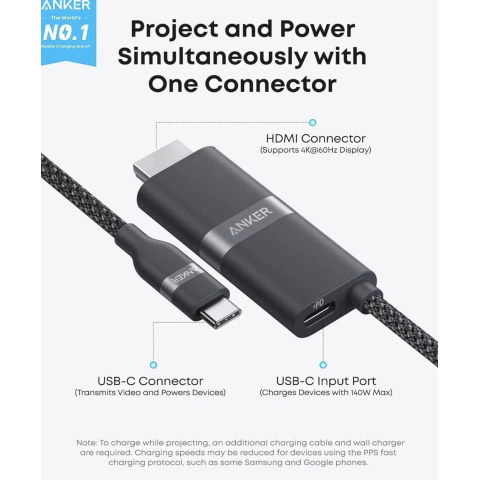 Кабель Anker Nano USB-C → HDMI 140W 4K@60Hz (0.9 м, Black)