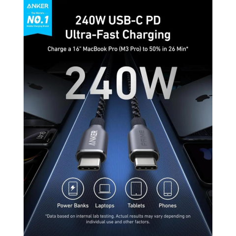 Кабель Anker Prime USB-C to USB-C 240W з нейлоновим обплетенням, Black (0.9м / 1.8м)