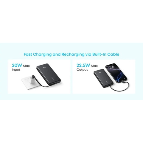 Павербанк Anker Zolo 10000mAh 22.5W з вбудованим USB-C кабелем та LED-індикатором, Black