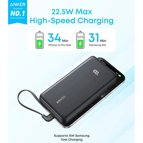 Павербанк Anker Zolo 20000mAh 22.5W з вбудованим USB-C кабелем та LED-індикатором, Black