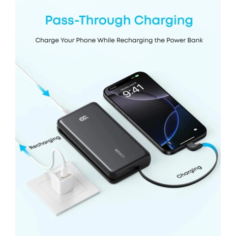 Павербанк Anker Zolo 20000mAh 22.5W з вбудованим USB-C кабелем та LED-індикатором, Black