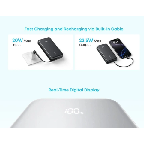 Павербанк Anker Zolo 20000mAh 22.5W з вбудованим USB-C кабелем та LED-індикатором, Black