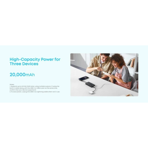 Павербанк Anker Zolo 20000mAh 22.5W з вбудованим USB-C кабелем та LED-індикатором, Black