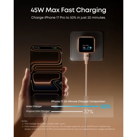 Мережевий зарядний пристрій Anker Nano Smart Display 45W USB-C PD із LED-дисплеєм Black