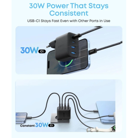 Мережевий зарядний пристрій Anker Zolo 50W 4-Port (2×USB-C + 2×USB-A) — Black