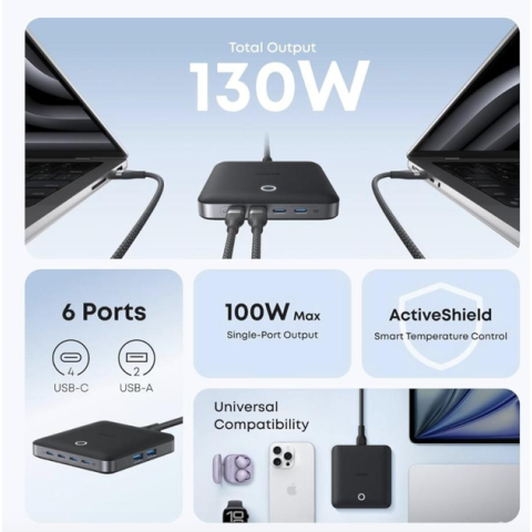 Зарядна станція Anker Nano 130W GaN 6-Port USB-C/USB-A — універсальний настільний зарядний пристрій, Black/White