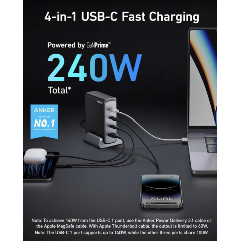 Зарядний пристрій Anker Prime 240W GaN Desktop Charger 4-Port USB-C & USB-A