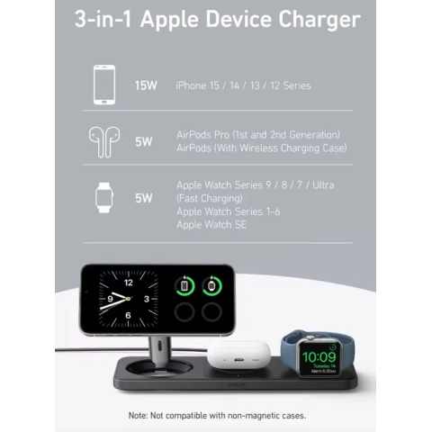 Док-станція Anker Foldable MagGo 3-in-1 Qi2 15W + 40W USB-C Charger Black/White