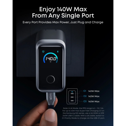 Мережева зарядка Anker Prime Charger 160W (3 Ports, Smart Display) (Сріблястий)