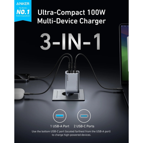 Зарядний пристрій Anker PowerPort III GaNPrime™ 100W (2×USB-C + 1×USB-A), Gray
