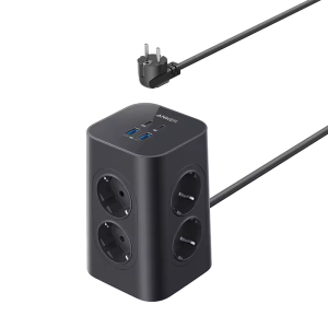 Подовжувач Anker Tower 12-в-1 із портами USB-A та USB-C, 8 розеток, швидка зарядка 20W, захист від перенапруги, 2м кабель, чорний
