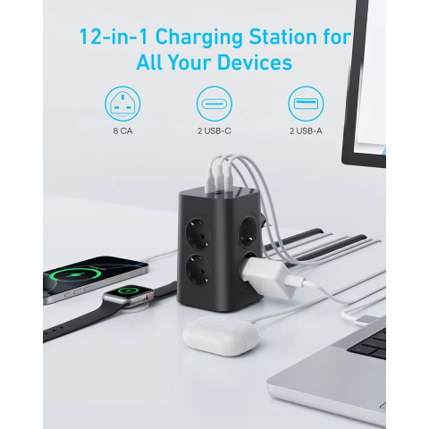 Подовжувач Anker Tower 12-в-1 із портами USB-A та USB-C, 8 розеток, швидка зарядка 20W, захист від перенапруги, 2м кабель, чорний
