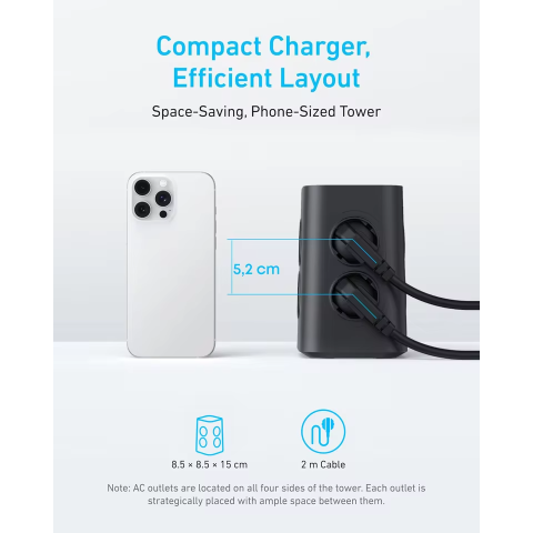 Подовжувач Anker Tower 12-в-1 із портами USB-A та USB-C, 8 розеток, швидка зарядка 20W, захист від перенапруги, 2м кабель, чорний