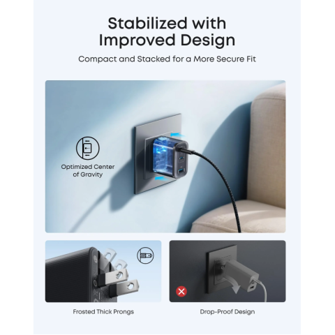 Зарядний пристрій Nano Charger 70W 3-Port Fast Charge (USB-C + USB-A, Black Stone), with USB-C Cable