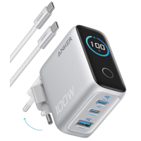 Мережева зарядка ANKER GaN Charger 100W, 2×USB-C PD + 1×USB-A, з дисплеєм і кабелем (Silver)