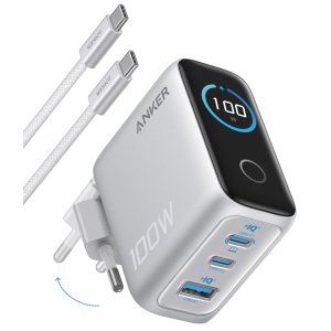 Мережева зарядка ANKER GaN Charger 100W, 2×USB-C PD + 1×USB-A, з дисплеєм і кабелем (Silver)