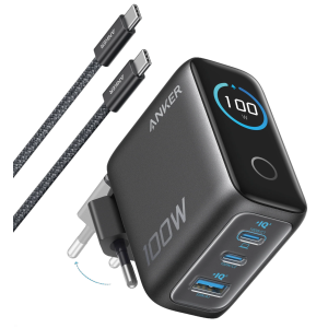 Мережева зарядка ANKER GaN Charger 100W, 2×USB-C PD + 1×USB-A, з дисплеєм і кабелем (Dark Gray)