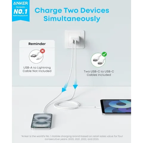 Мережевий зарядний пристрій Anker PowerPort 312 20W USB-C + USB-A з кабелем USB-C 1.5 м — White