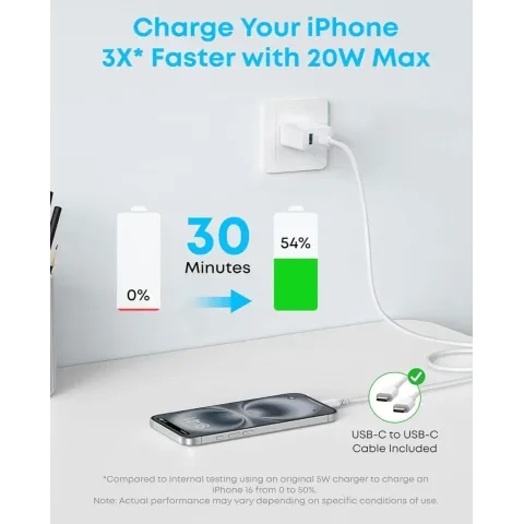 Мережевий зарядний пристрій Anker PowerPort 312 20W USB-C + USB-A з кабелем USB-C 1.5 м — White