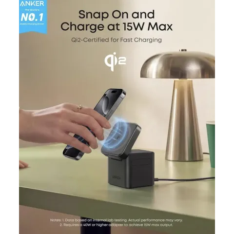 Зарядний пристрій Anker Cube 3-in-1 Qi2 MagSafe (оновлена швидка версія) для iPhone, Apple Watch та AirPods — Black