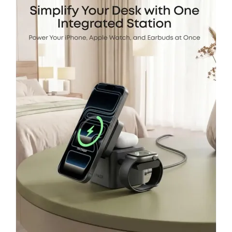 Зарядний пристрій Anker Cube 3-in-1 Qi2 MagSafe (оновлена швидка версія) для iPhone, Apple Watch та AirPods — Black