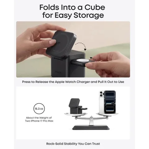 Зарядний пристрій Anker Cube 3-in-1 Qi2 MagSafe (оновлена швидка версія) для iPhone, Apple Watch та AirPods — Black